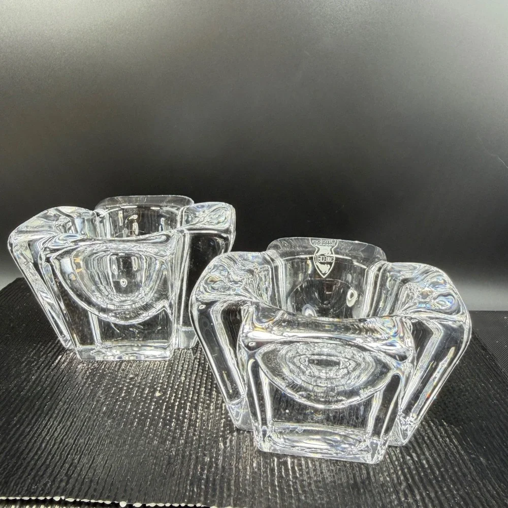 Orrefors Sweden Corona Crystal Votive Candle Holder Set of 2 Lars Hellsten Clear